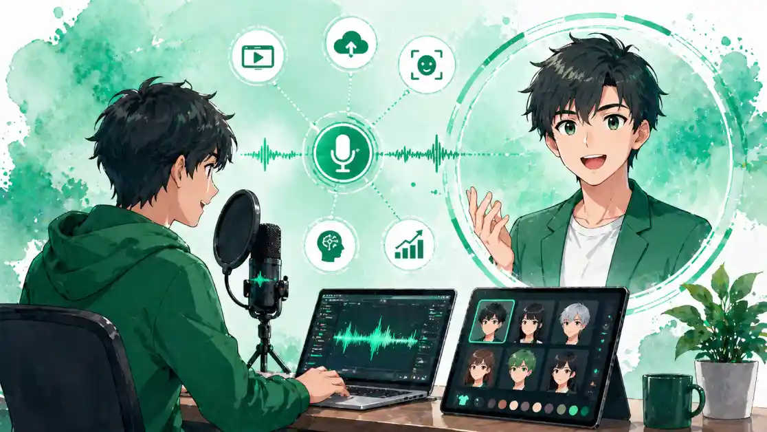 Anime-style illustration of a creator recording audio and generating animated avatars on a laptop, with voice waveform and AI icons in a green-themed digital workspace.